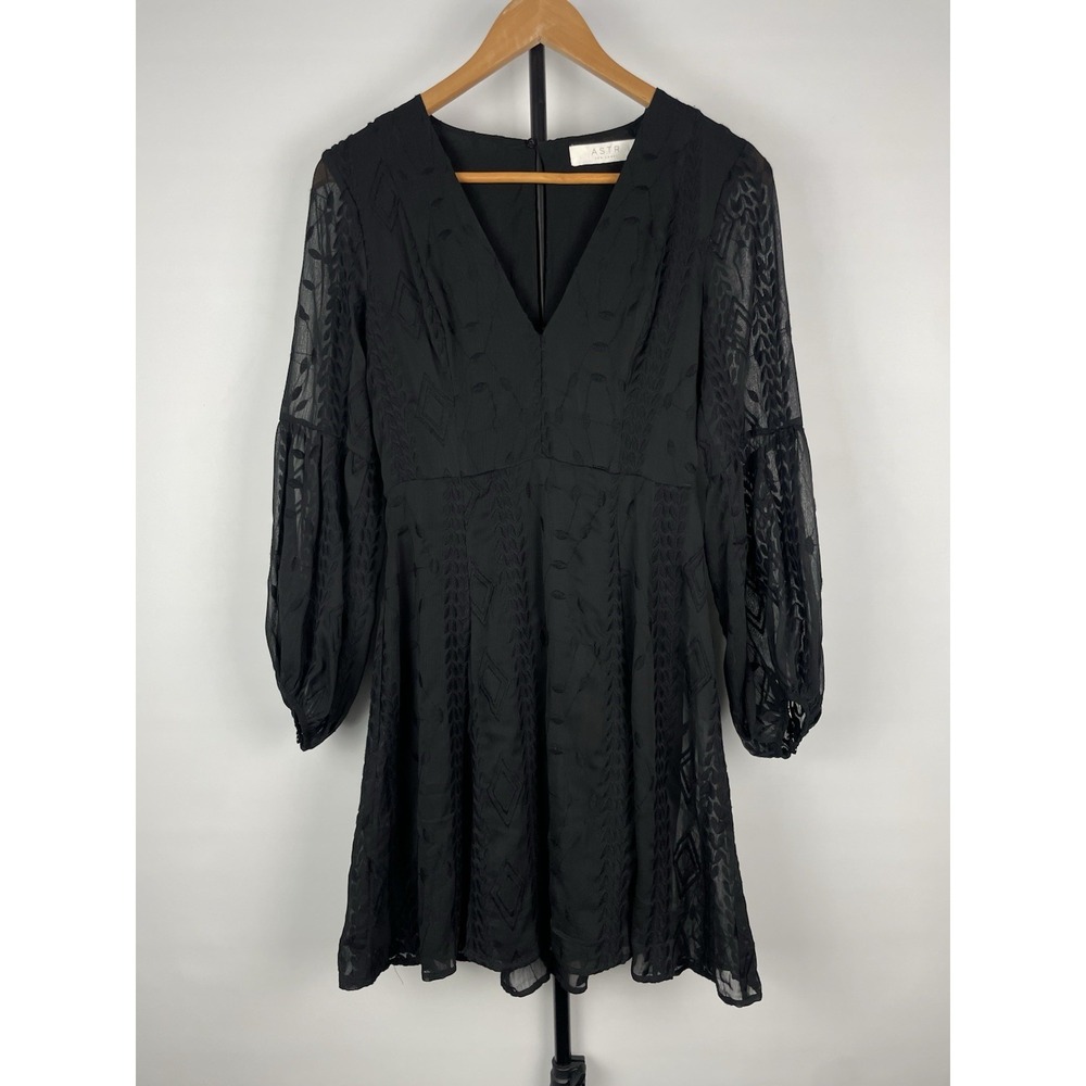 ASTR The Label Black Sheer Embroidered Long Sleeve‎ V-Neck Goth Dress Size XS